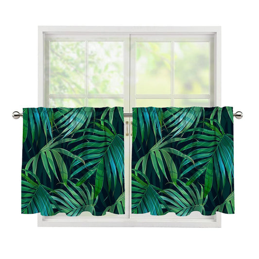 Dark Tropical Palm Leaves Pattern Print Tier Curtains