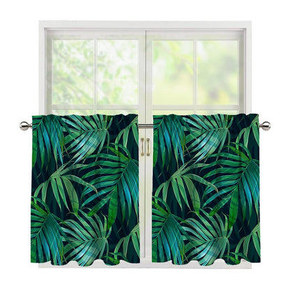 Dark Tropical Palm Leaves Pattern Print Tier Curtains