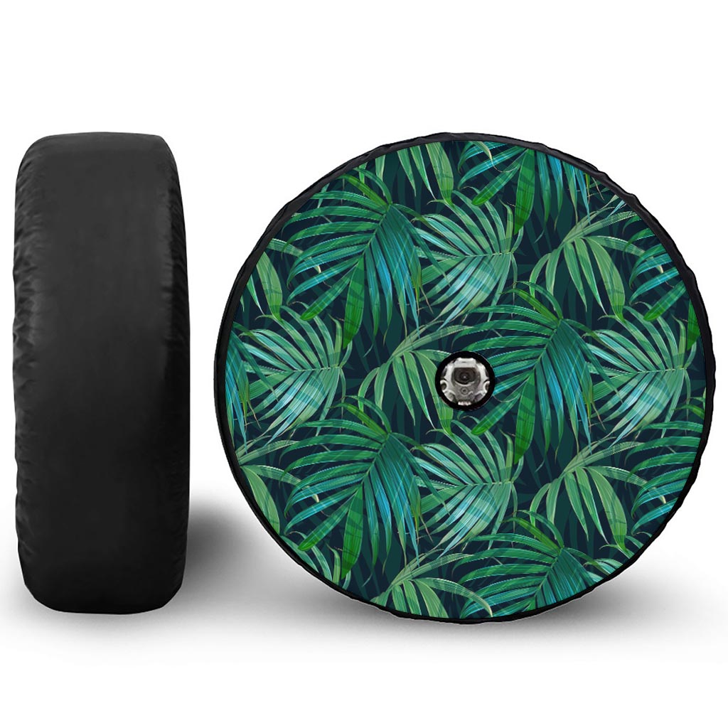 Dark Tropical Palm Leaves Pattern Print Tire Cover With Camera Hole