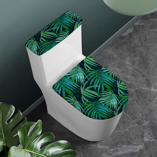 Dark Tropical Palm Leaves Pattern Print Toilet Lid And Tank Cover Set