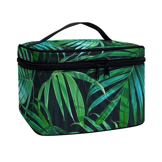 Dark Tropical Palm Leaves Pattern Print Travel Makeup Bag