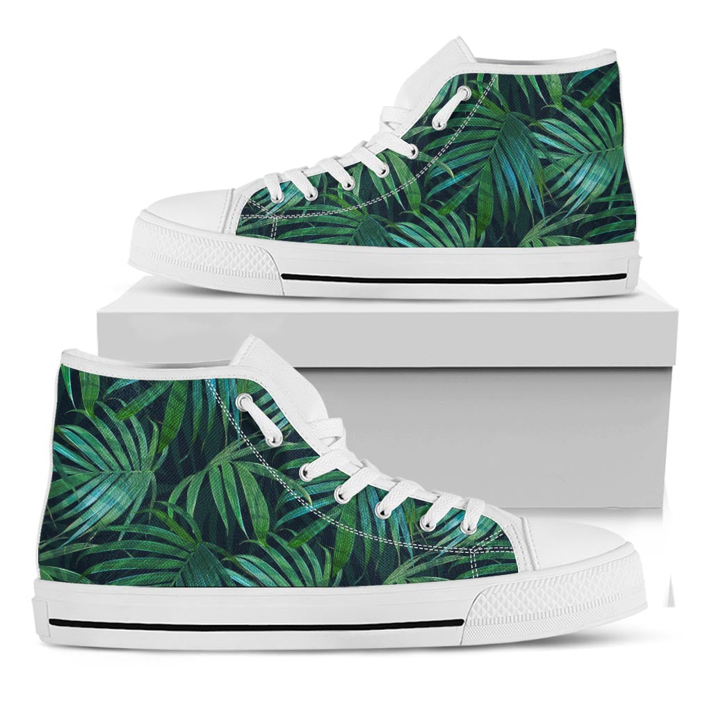 Dark Tropical Palm Leaves Pattern Print White High Top Sneakers