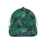 Dark Tropical Palm Leaves Pattern Print White Mesh Trucker Cap