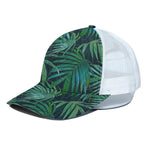 Dark Tropical Palm Leaves Pattern Print White Mesh Trucker Cap