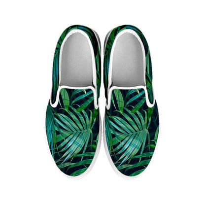 Dark Tropical Palm Leaves Pattern Print White Slip On Sneakers