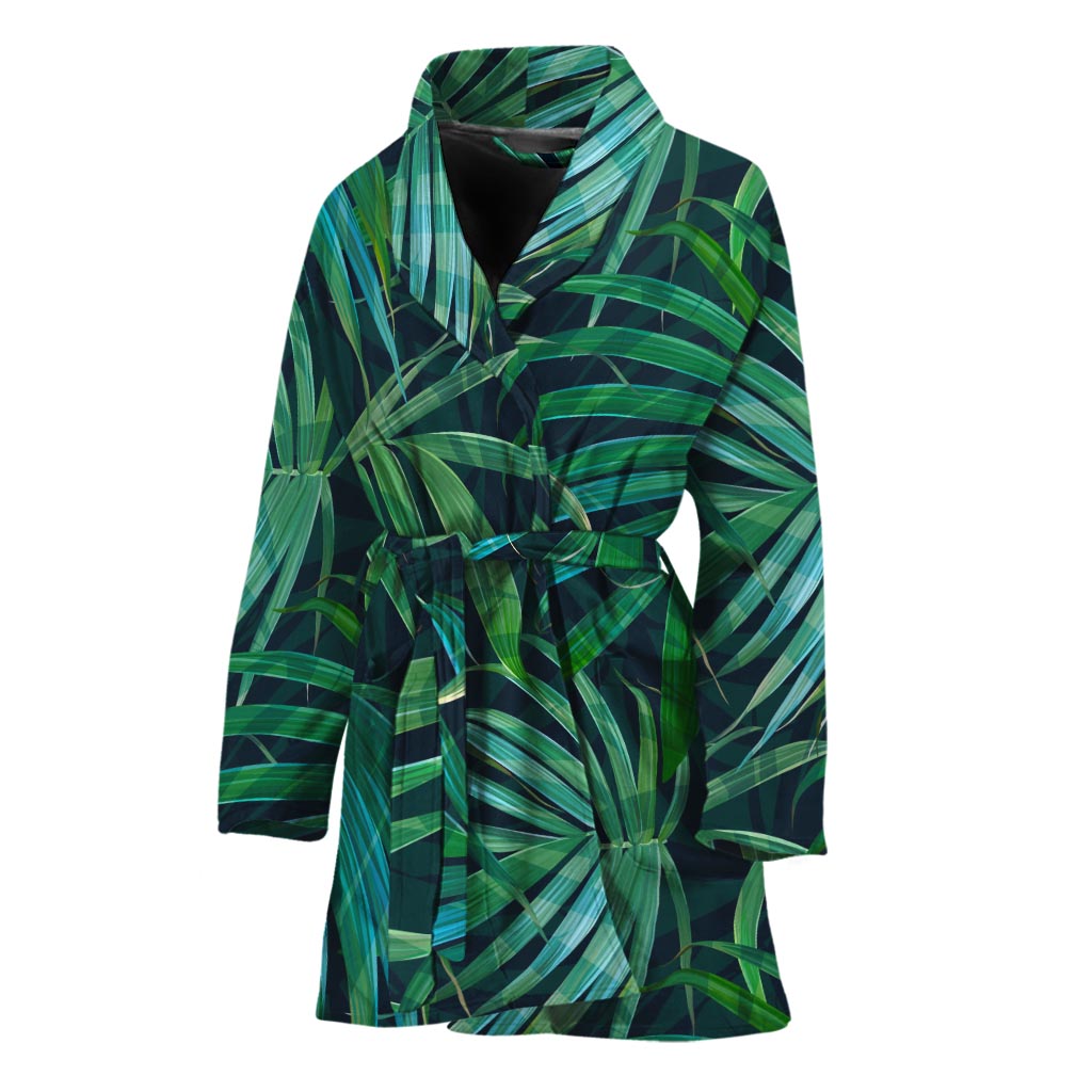 Dark Tropical Palm Leaves Pattern Print Women's Bathrobe