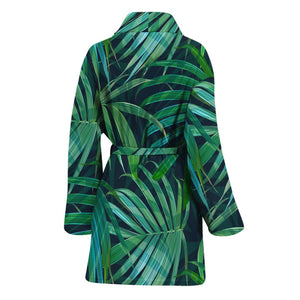 Dark Tropical Palm Leaves Pattern Print Women's Bathrobe