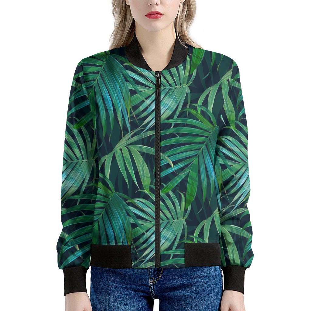 Dark Tropical Palm Leaves Pattern Print Women's Bomber Jacket