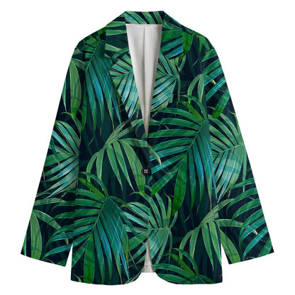 Dark Tropical Palm Leaves Pattern Print Women's Cotton Blazer