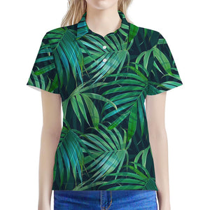 Dark Tropical Palm Leaves Pattern Print Women's Polo Shirt