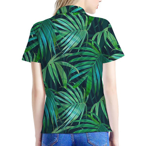 Dark Tropical Palm Leaves Pattern Print Women's Polo Shirt