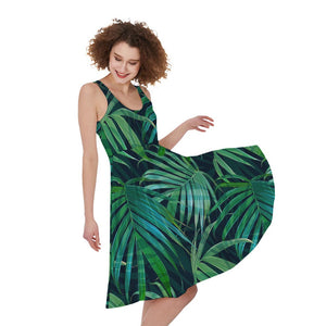 Dark Tropical Palm Leaves Pattern Print Women's Sleeveless Dress