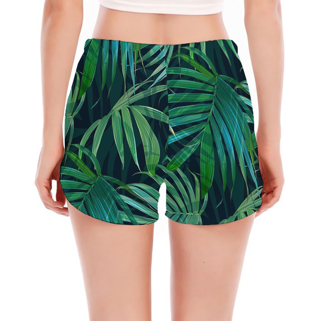Dark Tropical Palm Leaves Pattern Print Women's Split Running Shorts