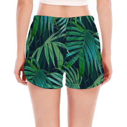 Dark Tropical Palm Leaves Pattern Print Women's Split Running Shorts
