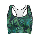 Dark Tropical Palm Leaves Pattern Print Women's Sports Bra