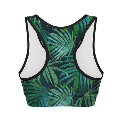 Dark Tropical Palm Leaves Pattern Print Women's Sports Bra