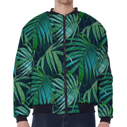 Dark Tropical Palm Leaves Pattern Print Zip Sleeve Bomber Jacket