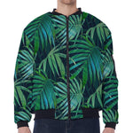 Dark Tropical Palm Leaves Pattern Print Zip Sleeve Bomber Jacket