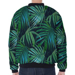 Dark Tropical Palm Leaves Pattern Print Zip Sleeve Bomber Jacket