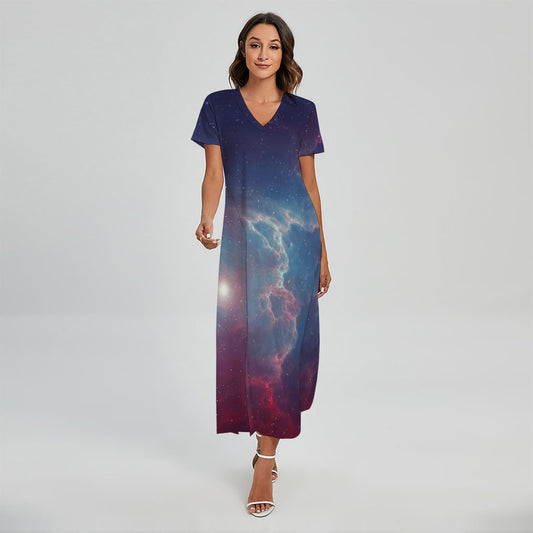 Dark Universe Galaxy Deep Space Print Short Sleeve Maxi Dress