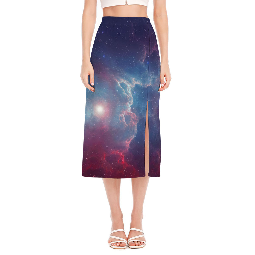 Dark Universe Galaxy Deep Space Print Side Slit Midi Skirt