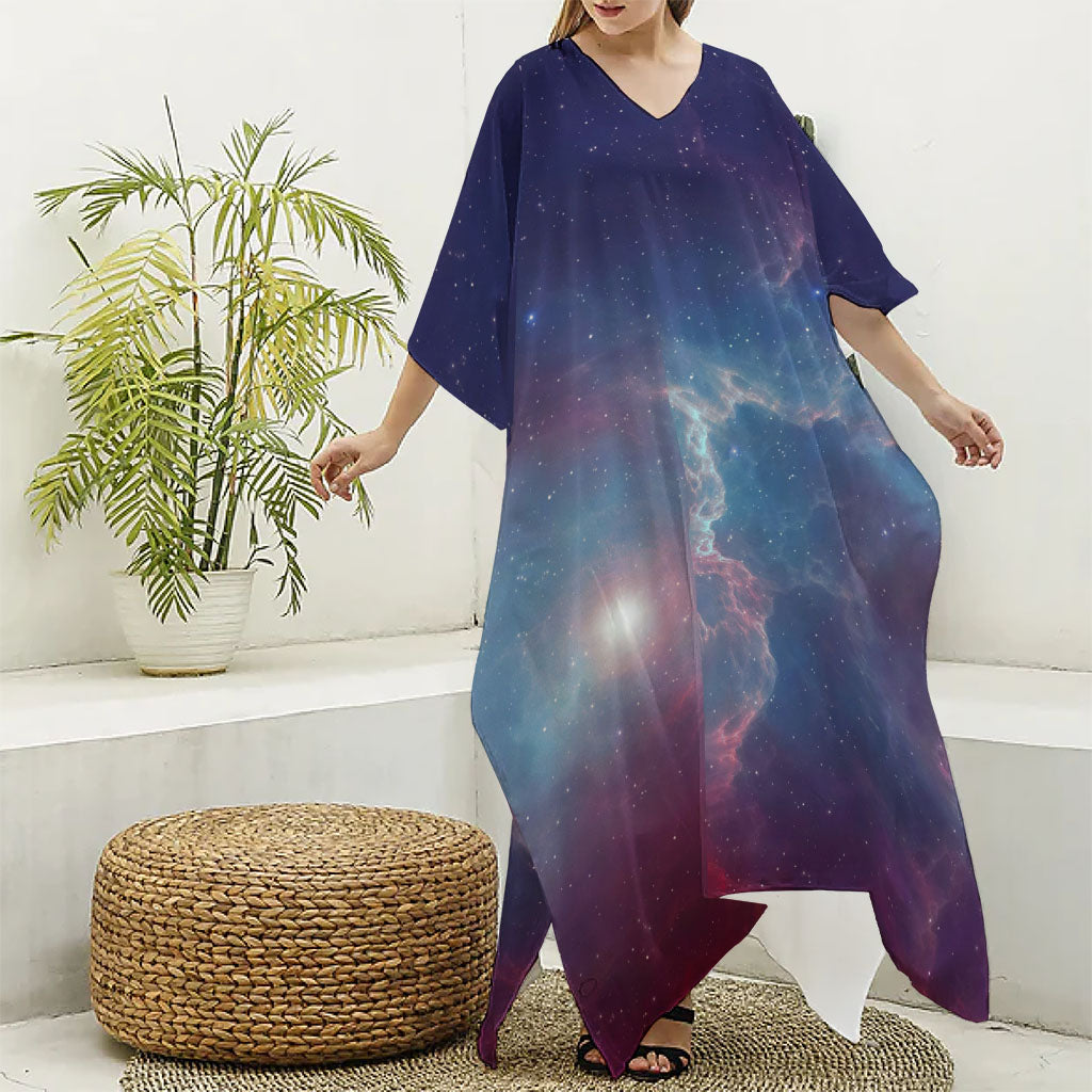 Dark Universe Galaxy Deep Space Print Silk V-Neck Kaftan Dress
