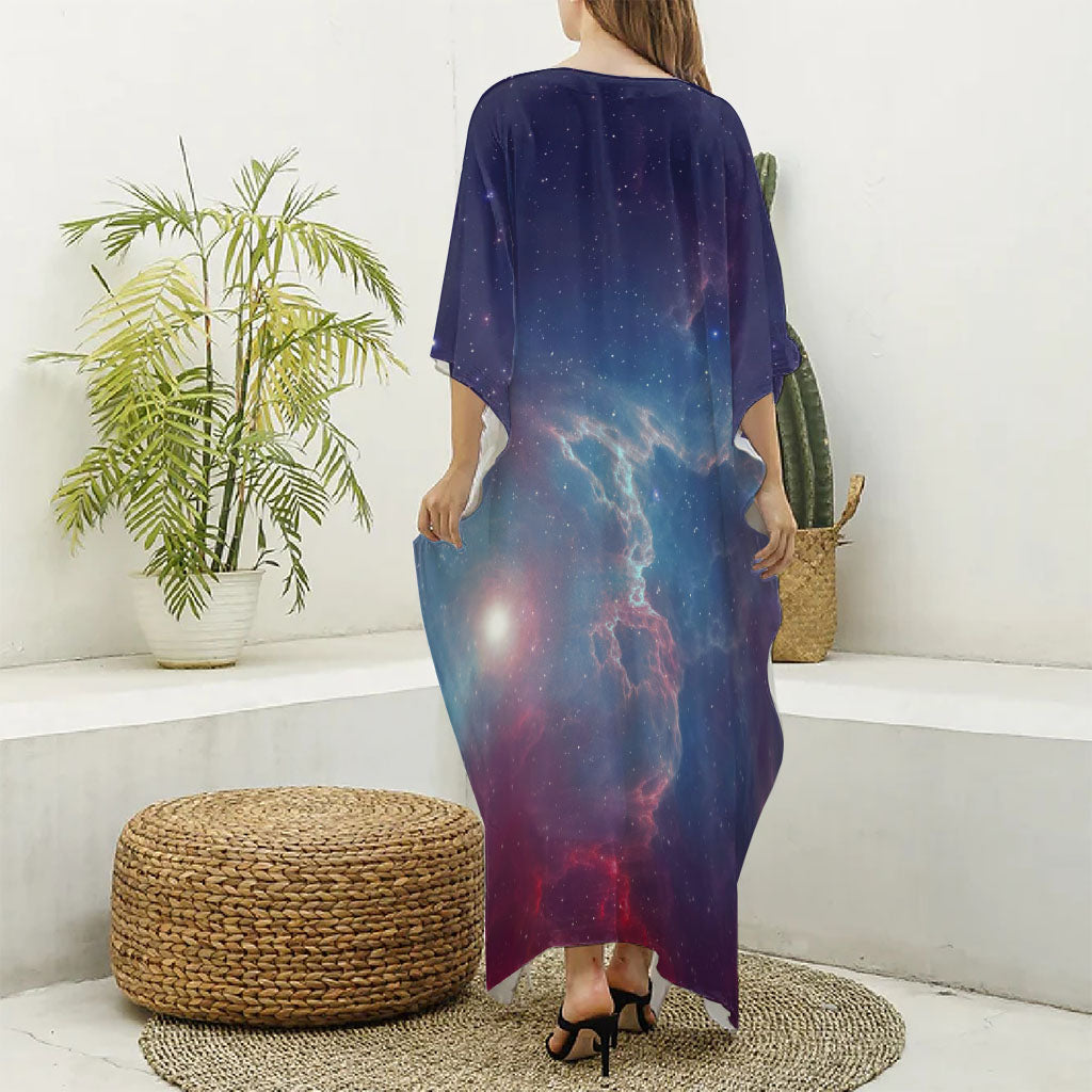 Dark Universe Galaxy Deep Space Print Silk V-Neck Kaftan Dress