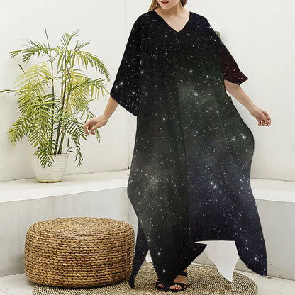 Dark Universe Galaxy Outer Space Print Silk V-Neck Kaftan Dress