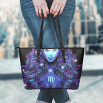 Dark Virgo Zodiac Sign Print Leather Tote Bag