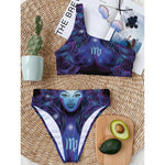 Dark Virgo Zodiac Sign Print One Shoulder Bikini Top