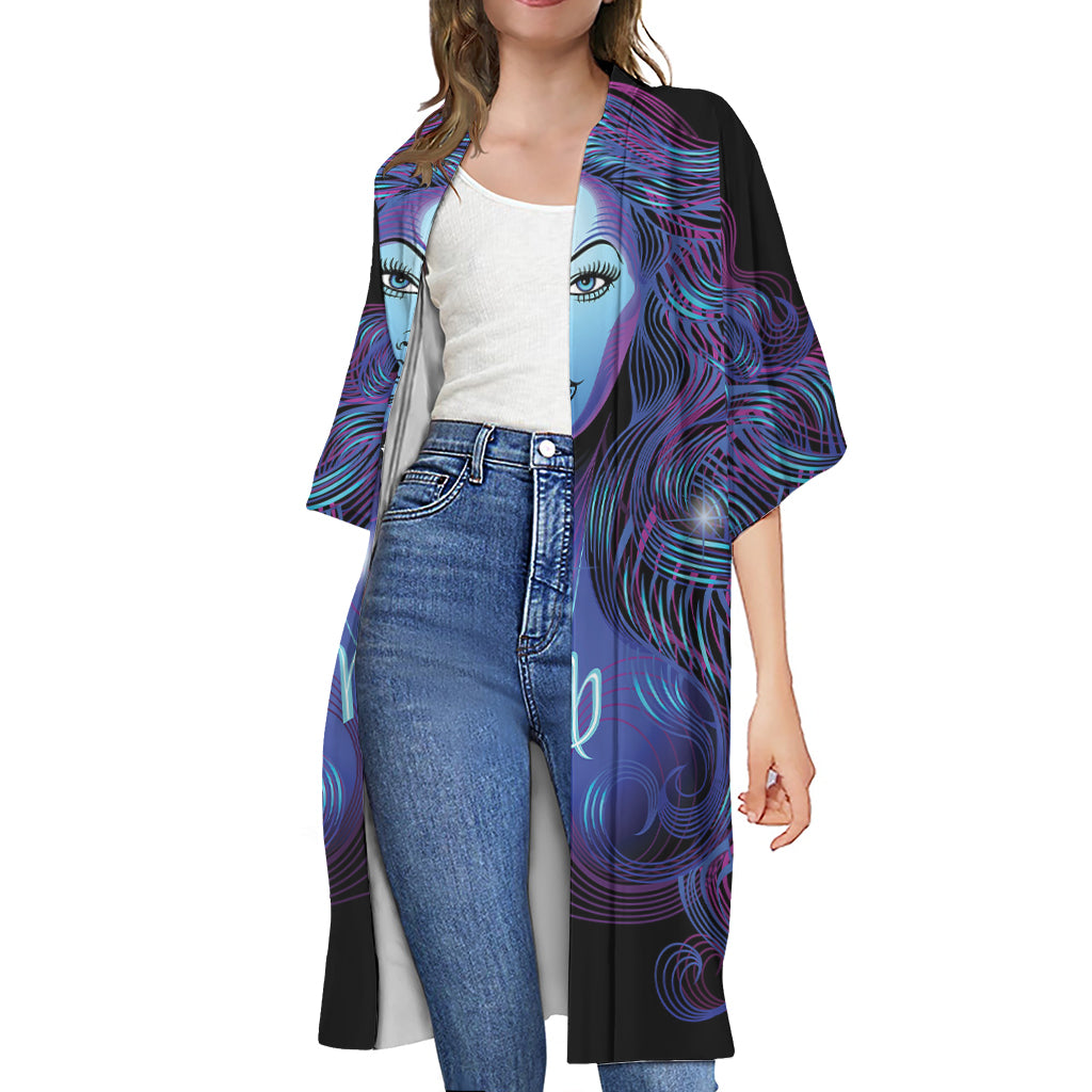 Dark Virgo Zodiac Sign Print Open Front Beach Cover Up