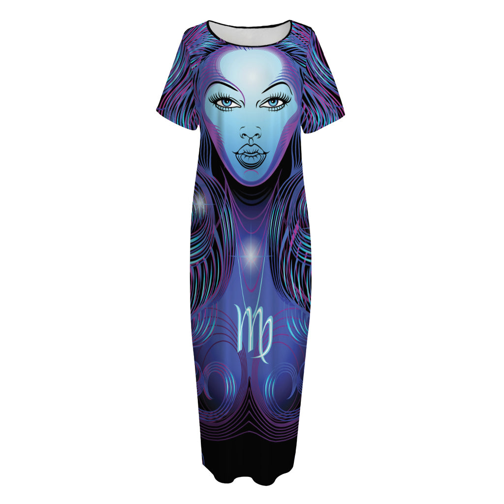 Dark Virgo Zodiac Sign Print Short Sleeve Long Nightdress