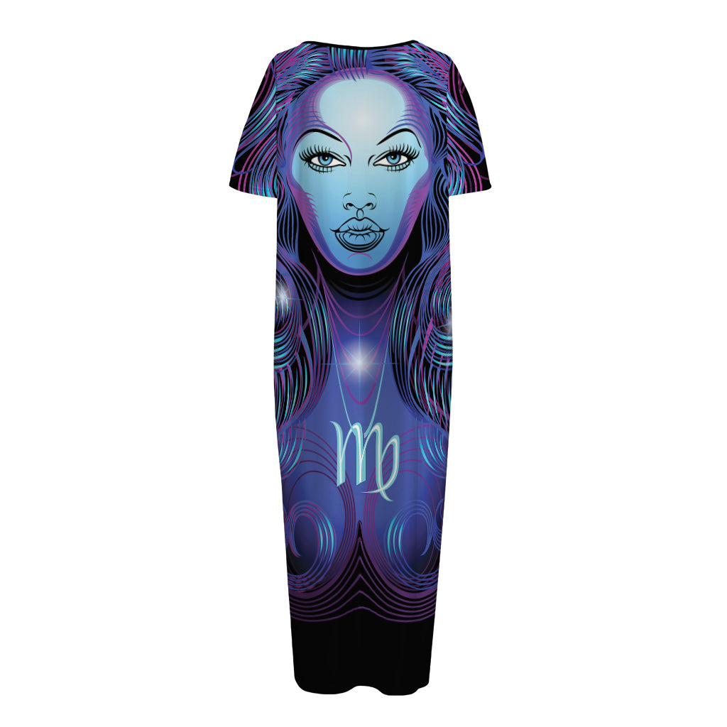 Dark Virgo Zodiac Sign Print Short Sleeve Long Nightdress