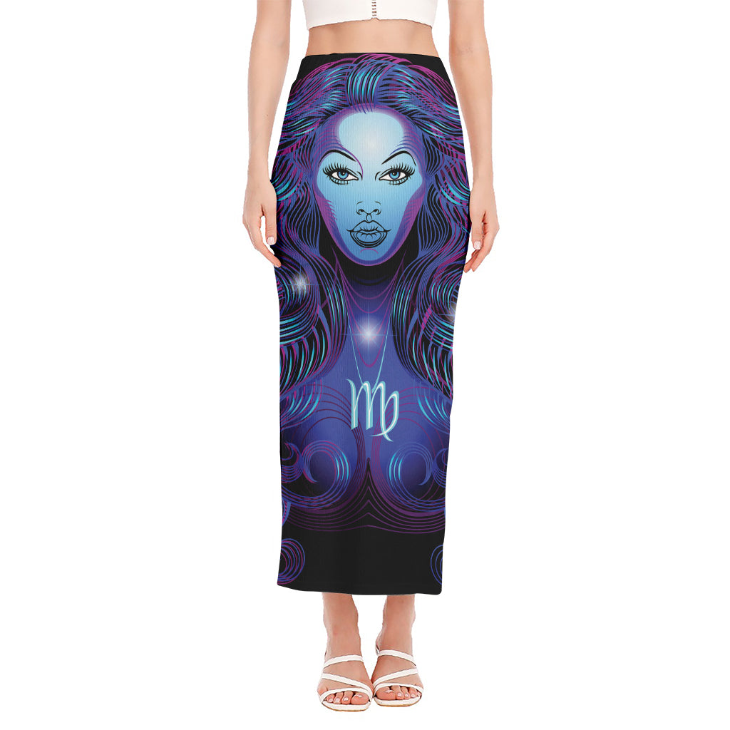 Dark Virgo Zodiac Sign Print Side Slit Maxi Skirt