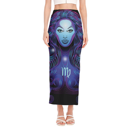 Dark Virgo Zodiac Sign Print Side Slit Maxi Skirt
