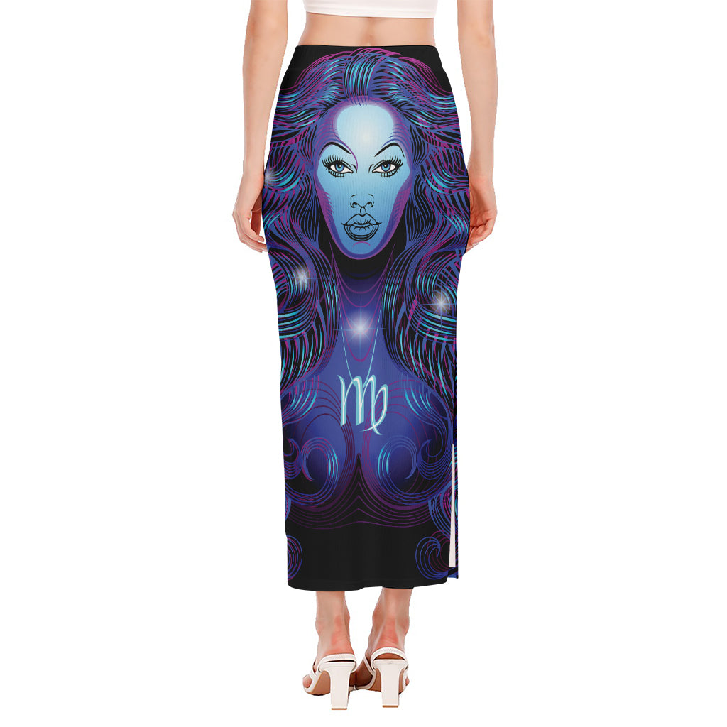 Dark Virgo Zodiac Sign Print Side Slit Maxi Skirt