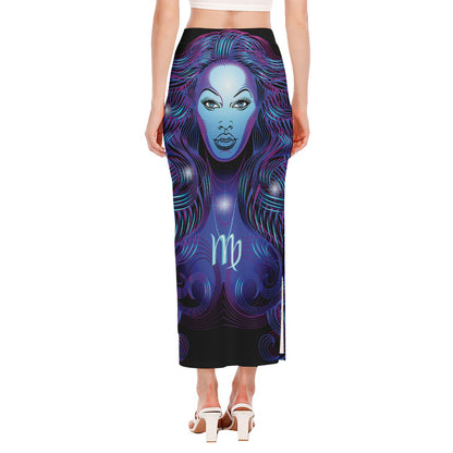 Dark Virgo Zodiac Sign Print Side Slit Maxi Skirt