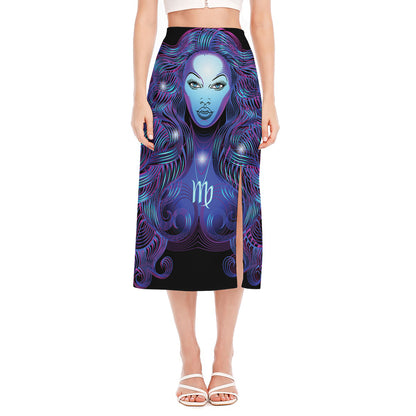 Dark Virgo Zodiac Sign Print Side Slit Midi Skirt
