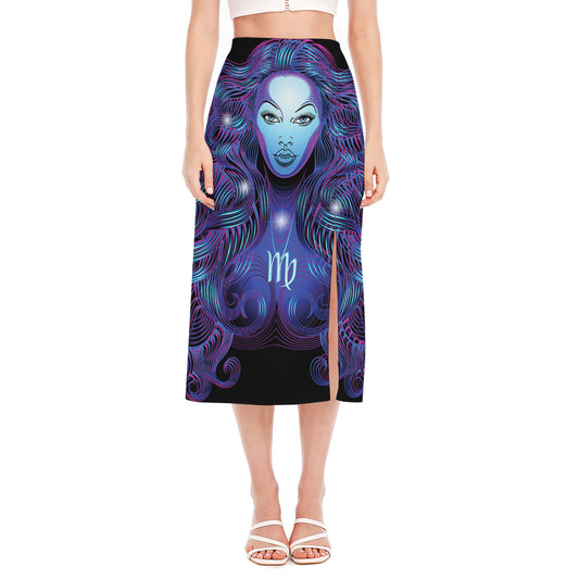 Dark Virgo Zodiac Sign Print Side Slit Midi Skirt