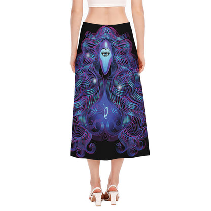 Dark Virgo Zodiac Sign Print Side Slit Midi Skirt