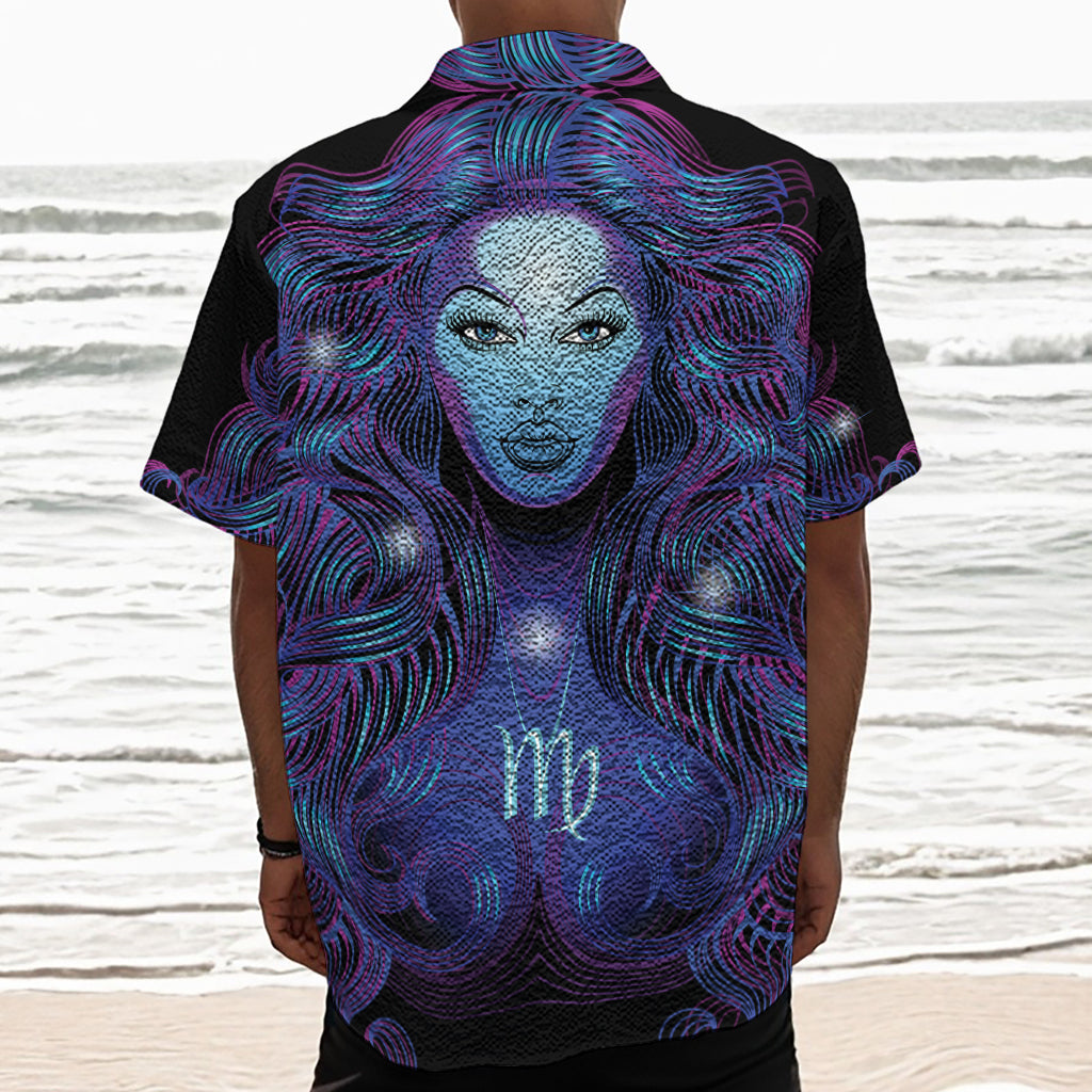 Dark Virgo Zodiac Sign Print Textured Short Sleeve Shirt
