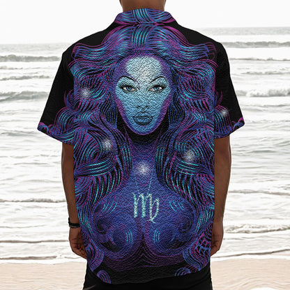 Dark Virgo Zodiac Sign Print Textured Short Sleeve Shirt