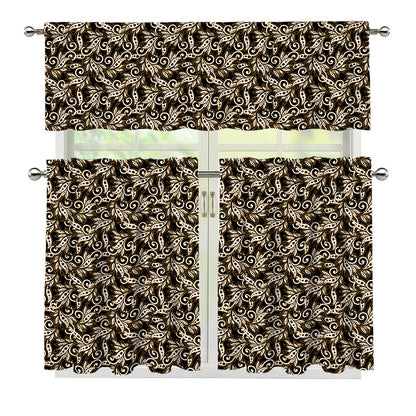Dark Western Floral Pattern Print 3 Piece Kitchen Curtains