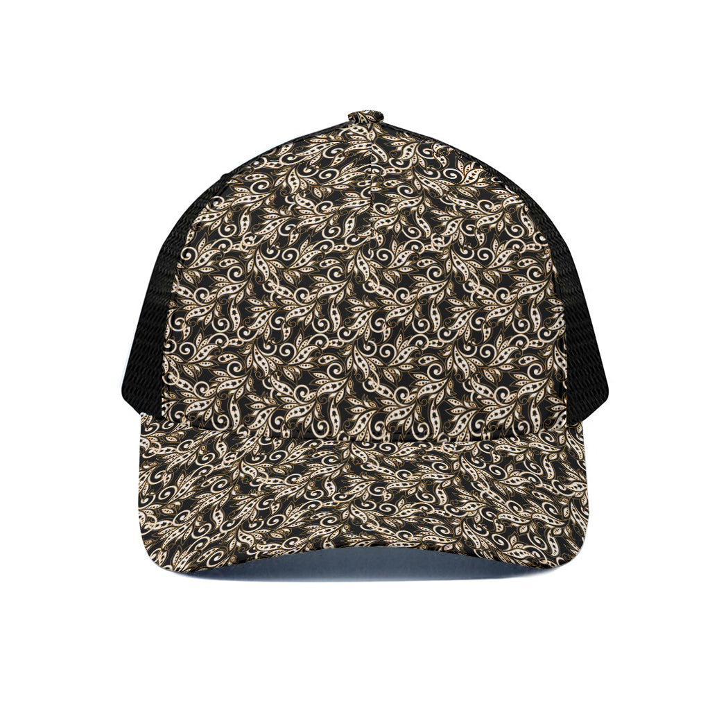 Dark Western Floral Pattern Print Black Mesh Trucker Cap