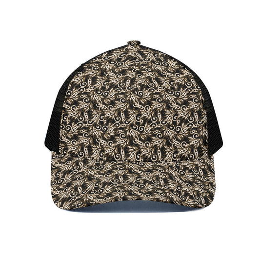 Dark Western Floral Pattern Print Black Mesh Trucker Cap