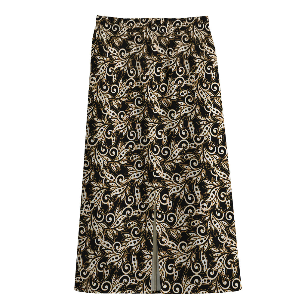 Dark Western Floral Pattern Print Cotton Front Slit Maxi Skirt