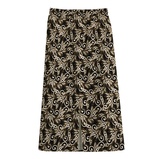 Dark Western Floral Pattern Print Cotton Front Slit Maxi Skirt