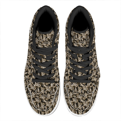 Dark Western Floral Pattern Print High Top Leather Sneakers