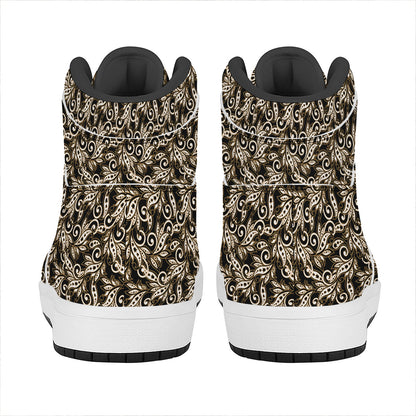Dark Western Floral Pattern Print High Top Leather Sneakers