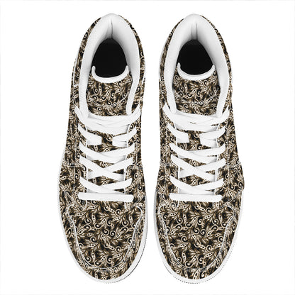 Dark Western Floral Pattern Print High Top Leather Sneakers